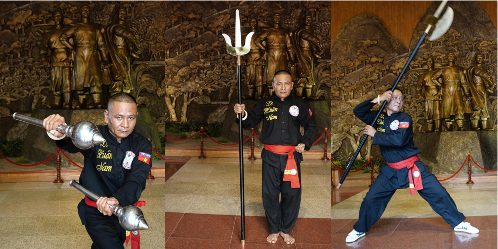 Võ sư Lê Xuân Nam biểu diễn các loại binh khí tại Bảo tàng Quang Trung